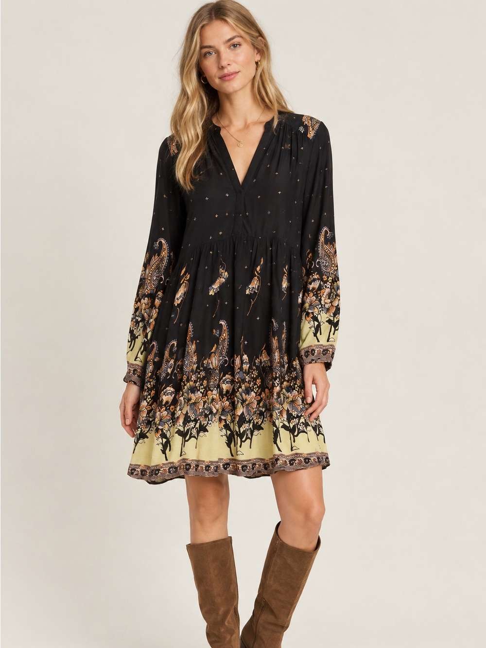 Free People Black Paisley Floral Long-Sleeve Tunic Dress